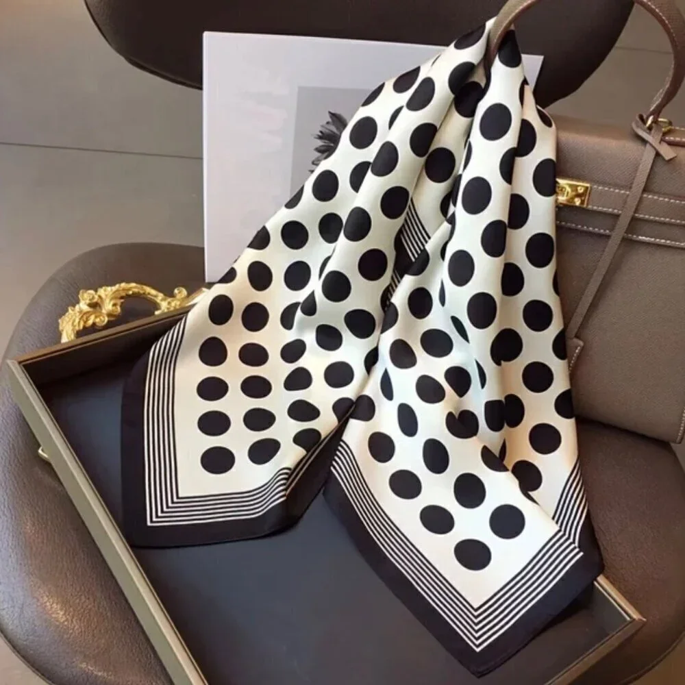 NWT Polkadot Print Square Scarf Silk Satin Black White Neck Hair Accessory